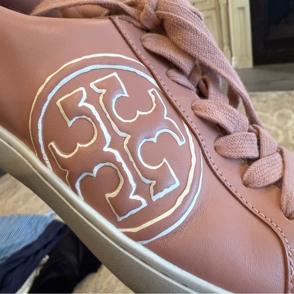 Tory Burch Pink Moon Leather Suede Logo Sneakers - Picture 4 of 6